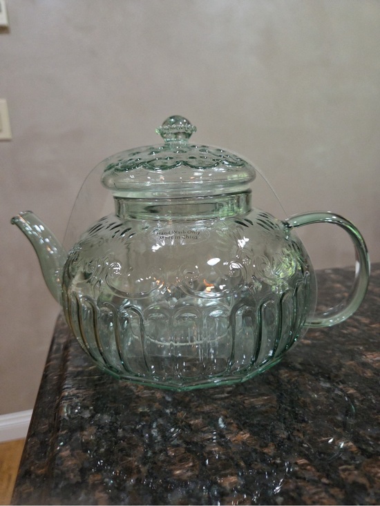 Other - Clear Pressed Glass Teapot with Lid - Light Green Glass